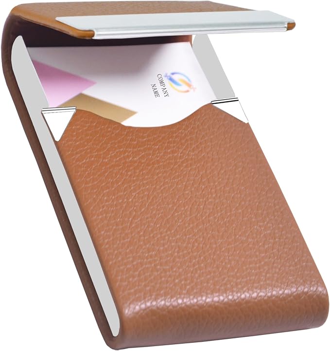 Business Card Holder with Ultra Slim Design,Business Card Case with Premium PU Leather, Suit Pocket Metal Card Holder for Women/Men,Professional Name Card Holder with Magnetic Shut (Brown)
