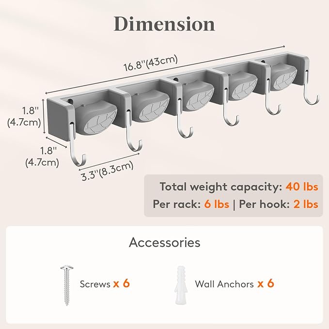 Lifewit Broom and Mop Holder Wall Mount, Non-Slip Cleaning Tool Hanger Organizer with 6 Hooks 5 Slots, Heavy Duty Hanging Broom Utility Rack for Kitchen, Garden, Garage, Laundry, 1 Pack, Gray