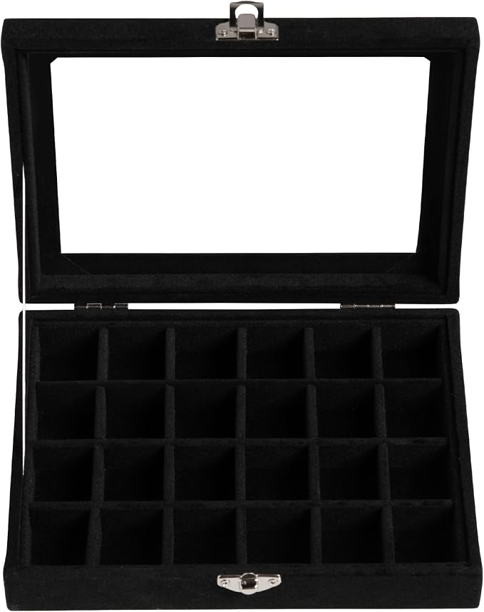 Frebeauty 24 Grid Earring Organizer,Small Velvet Jewelry Tray with Lid | Portable Jewelry Box for Rings Stud,Velvet Lining for Protecting Jewelry,Adjustable Dividers,Glass Lid for Clear Review