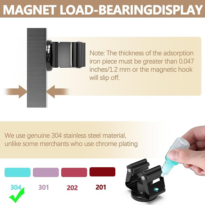 3-H Magnetic Broom Holder 4pcs, Stainless Steel No Drill Mop Holder Wall Mount with 2 Mini Magnetic Hooks, Movable Magnet Tool Organizer for Garage Laundry Kitchen Garden RV,Black