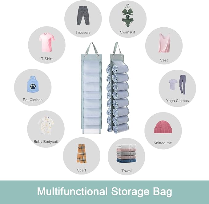 DHSFKBE Legging Organizer Storage - 2PCS T Shirt Organizer, Hanging Closet Organizers and Storage with 16 Roll Independent Compartments for Yoga Pants, Towel, Bathing Suit (Grey)