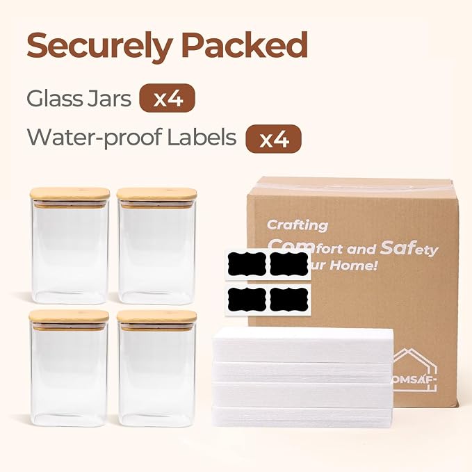 ComSaf Glass Storage Containers wtih Lids 1.2 Qt, Set of 4 Food Storage Jar | Rectangle Glass Pantry Storage Containers, Kitchen Storage Container, Cereal Container Storage, Flour , Sugar, 37oz, BPA Free
