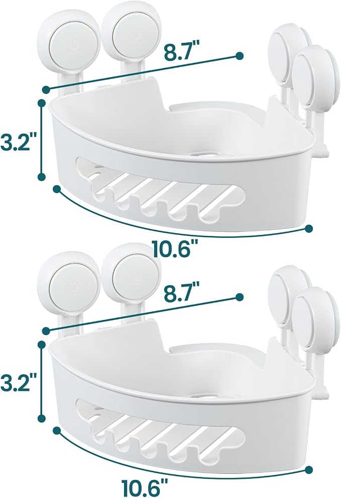 TAILI Suction Corner Shower Caddy, Bathroom Shelf Storage Basket Wall Mounted Organizer for Shampoo, Conditioner, Plastic Rack for Kitchen&Bathroom, Drill-Free Removable (2 Pack)