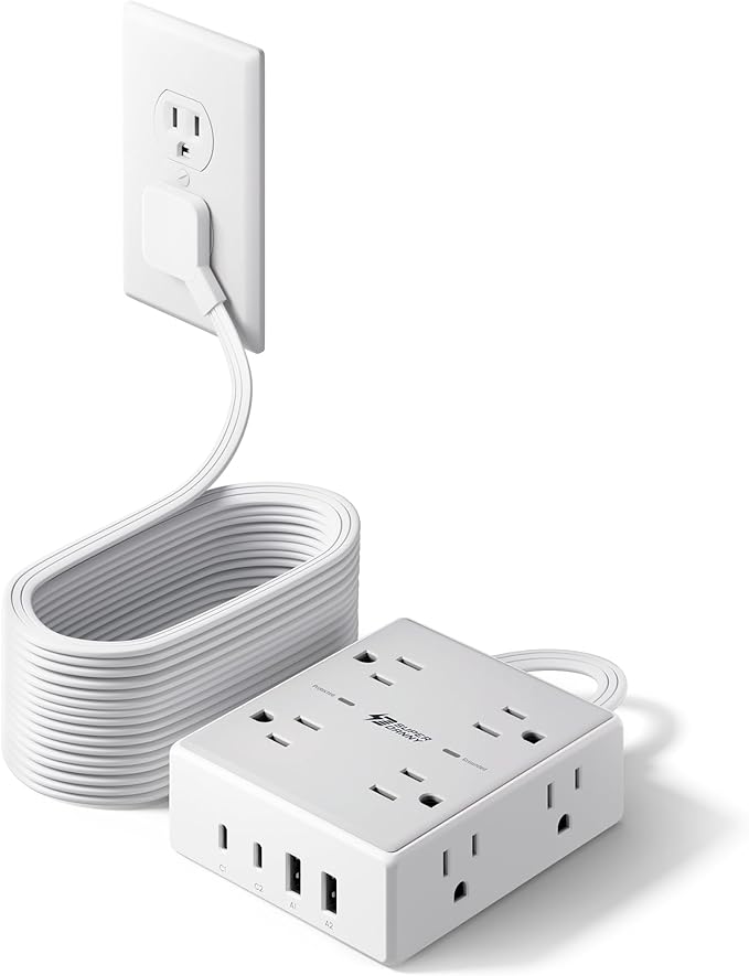 SUPERDANNY Extension Cord,Flat Plug Surge Protector Power Strip,25Ft | 8 AC & 4 USB Ports (2 USB C),Surge Protector with 1050J,Desk Charging Station for Home Office,College Dorm Room Essentials
