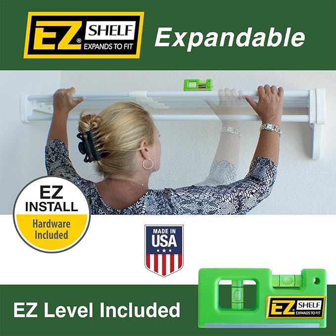 EZ Shelf-Expandable-Closet Shelf (NO Hanging Rod)- 19.5” to 29” -White-Easy Install to Backwall(Floating)-Wire Closet Shelving Alternative-(EZS-SW27-1-2)