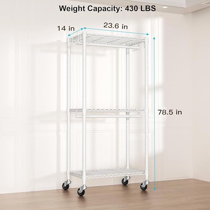 FUTASSI P3 Mini Rolling Clothes Rack, Clothing Racks for Hanging Clothes, Heavy Duty Garment Rack with Wheels, Freestanding Portable Closet Racks 23.6'' W x 14'' D x 78.5'' H, Max Load 430 Lbs, White