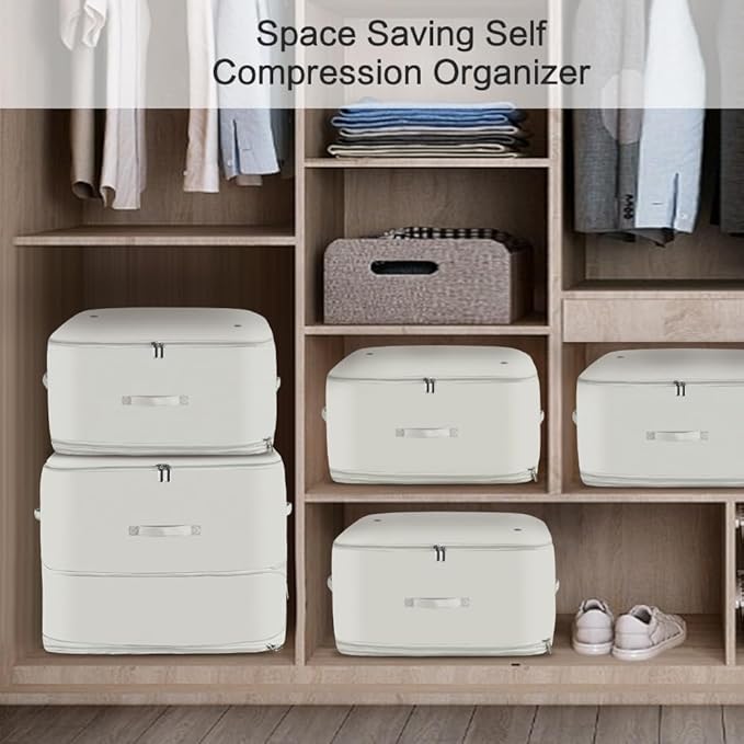 Space Saving Self Compression Organizer,Compression Storage Bags for Bedding and travel,Storage bags for Blankets Duvet Quilts Pillows, Comforter Storage with zippered ventilation holes（beige XL）