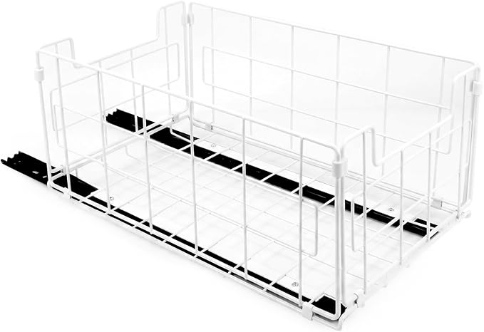 Pull Out Cabinet Sliding Basket Organizer, No Drill, White | Heavy Duty Slide Out Drawer for Kitchen Cabinet, Adhesive Sliding Shelves for Kitchen Bathroom Home, 13.8"D x 8.5"W x 6.3"H