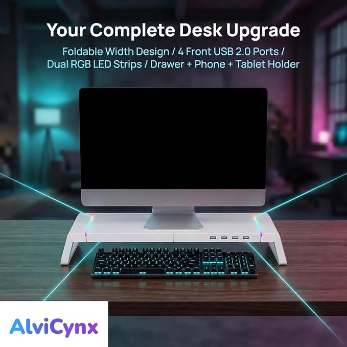 Monitor Stand Riser for Desk, Foldable Computer Monitor & Laptop Stand with Drawer, 4 USB 2.0 Ports, RGB Lighting, Phone & Tablet Holder, 72 lb Capacity (White)