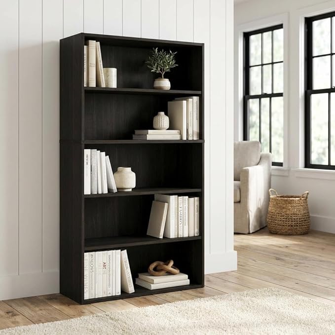 Furnifact Espresso 5-Tier Open Shelf Bookcase, Modern Storage Solution, Sturdy Wood Construction, Compact Design, Ideal for Living Room or Office