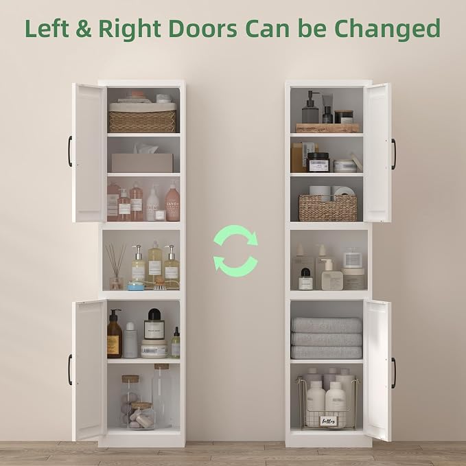 Tall Bathroom Cabinet, Slim Cabinet with 3 Adjustable Shelves, 2 Doors Narrow Storage for Bathroom, 67" H Floor Cabinet for Entryway, Kitchen, White