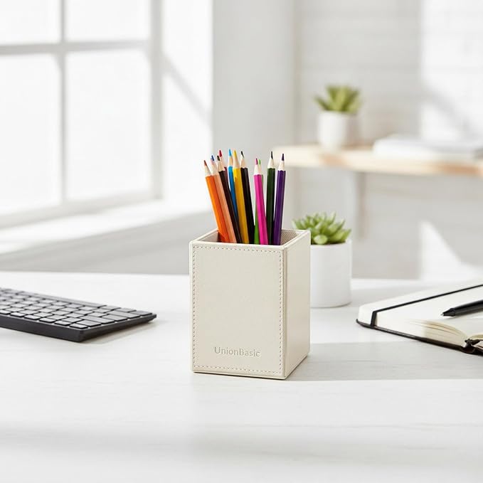 UnionBasic Square Pen Holder, Leather Pencil Cup, Desktop Caddy Stationery Organizer, Creamy White | Leather, Pencil Cup, Desktop Caddy, Stationery Organizer