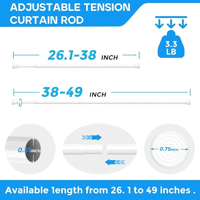 2 Pack White Spring Tension Curtain Rods 28-48 Inches, Spring Loaded Curtain Rods No Drilling, Adjustable Small Tension Rod for Windows, Kitchen, Doorway, Bathroom, Closet