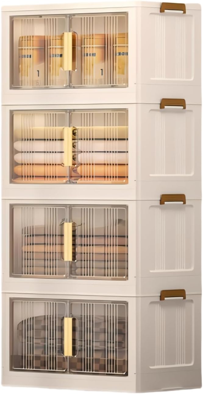 Storage Bins with Lids, 4 Tier 480 QT Stackable Plastic Storage Bins, Foldable Storages Boxes with Magnetic Doors and Wheels for Clothes, Snacks, Books, Folding Containers for Home Office