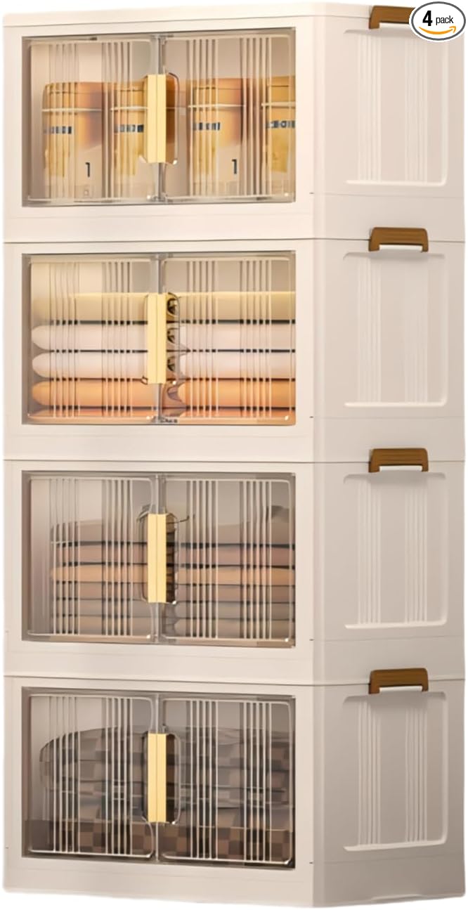 Storage Bins with Lids, 4 Tier 240 QT Stackable Plastic Storage Bins, Foldable Storages Boxes with Magnetic Doors and Wheels for Clothes, Snacks, Books, Folding Containers for Home Office