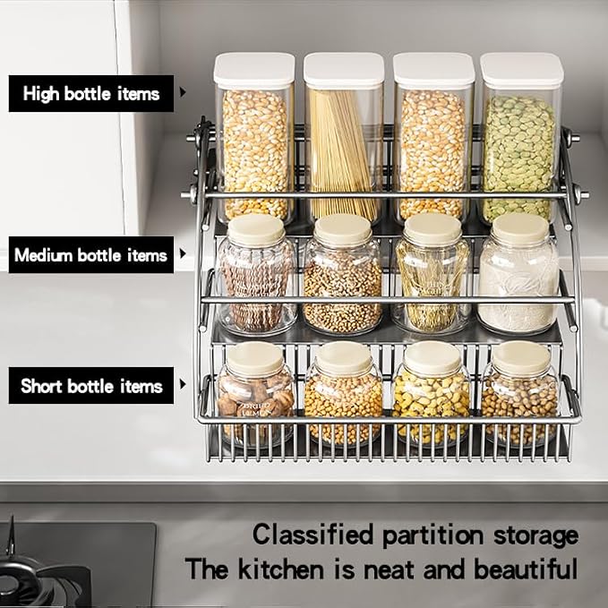 3-Tier Pull Down Spice Rack Organizer for Inside Cabinet Pantry Expandable Display Riser Shelf Kitchen Seasoning Shelf (31.5cm/12.4in)