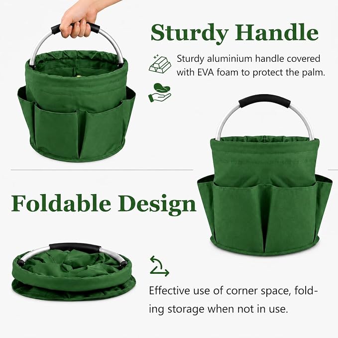 Garden Tool Organizer Tote with Non-Slip Handle – 4.5-Gallon Water-Resistant Bucket Bag with 6 Side Pockets, Portable Gardening and Outdoor Utility Bag for Yard Work, Garage, Beach & Camping