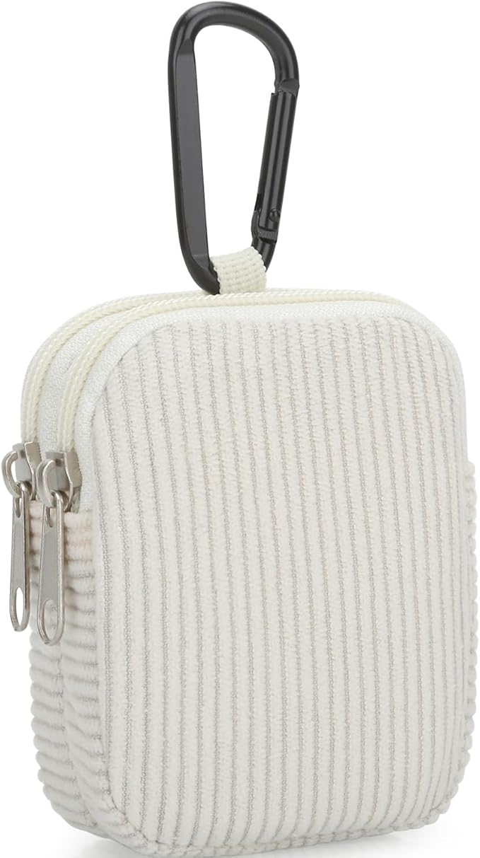 E-Tree Coin Purse with Carabiner Clip, Dual Layer Card Case Holder, Mini Pouch for AirPod Earphone Keychain USB Cable,Wallet, Small Accessories Organizer Bag for Women and Men (White Corduroy)