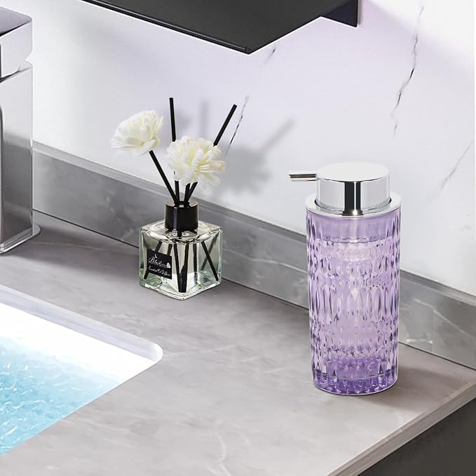 Foam Soap Dispenser, Glass Foaming Hand Soap Dispenser with Pump, 14 Oz Bathroom Refillable Liquid Lotion Pump Bottle Container for Kitchen Countertop Decor (1, Purple Silver)