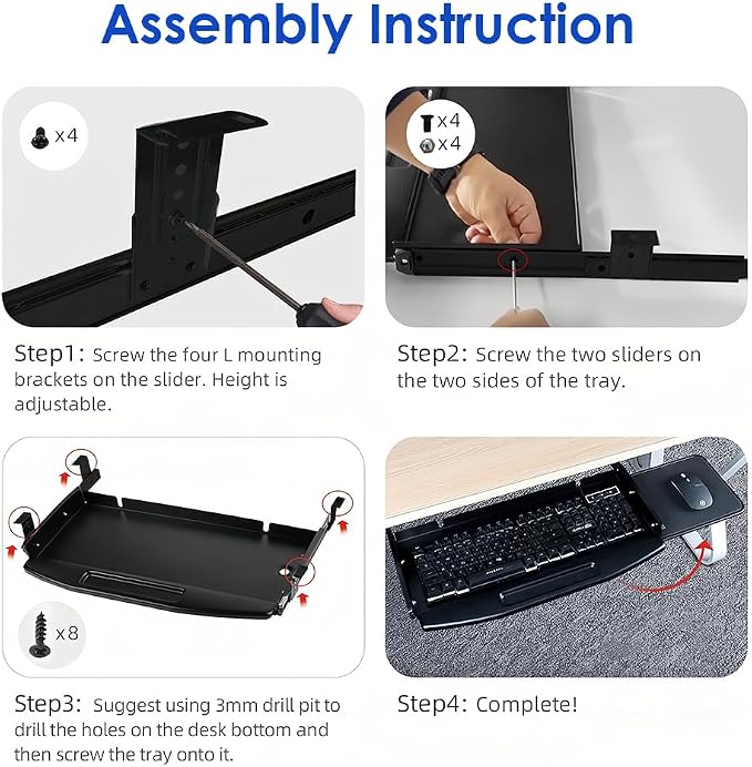 Under Desk Mounted Keyboard Tray Steel Slide with Rotational Mouse Platform for Office