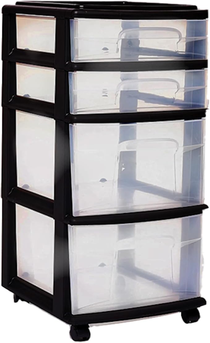 HOMZ Drawer Tower, 4-Tier Clear Plastic Storage Organizer Cart, Black Frame - Rolling Drawers with Wheels for Desk, Dresser, Cabinet, Bedroom, Bathroom, Closet, Classroom, and Office Organization