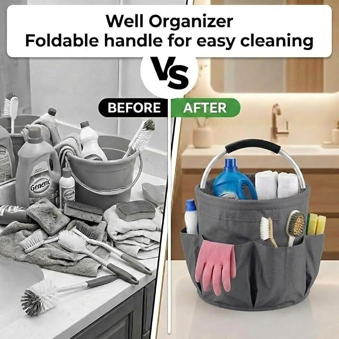 Foldable Cleaning Caddy with Handle 17L Large Cleaning Supplies Organizer 600D Oxford Portable Bucket Basket with 6 Pockets for Home Bathroom Garden Garage - Gray