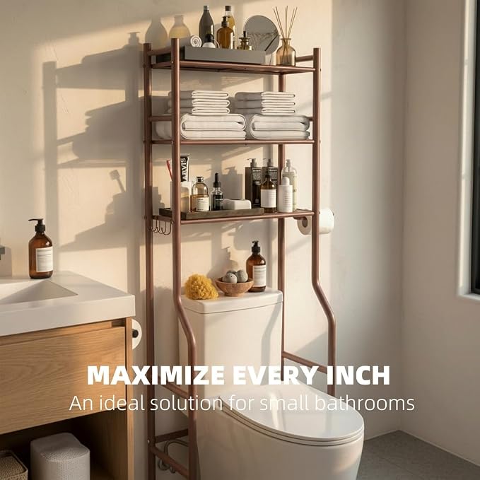 GloTika 3-Tier Over Toilet Storage with Anti-Tilt Safety System - 150lb Total Capacity Metal Bathroom Shelves Including Paper Holder & 4 Hooks, Space Saving Above Commode Organizer (64" H, Bronze)