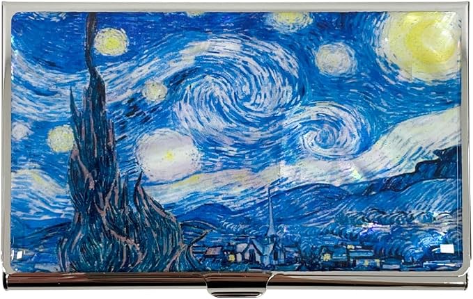 Mother of Pearl Business Card Case Credit Id Name Holder Travel Wallet Art Painting Design Metal Stainless Steel Engraved Slim Purse Pocket Cash Money Wallet (Starry Night)