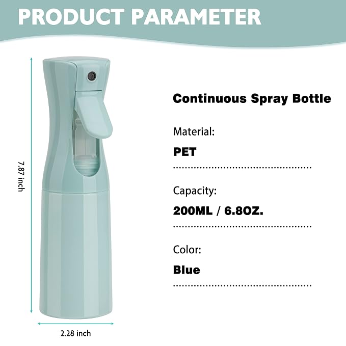 Spray Bottle for Hair (6.8OZ /200ML) Continuous Ultra Fine Mist Sprayer for Hair, Salons, Barber, Plants, Skin Care, Cleaning 1 Pack BLUE
