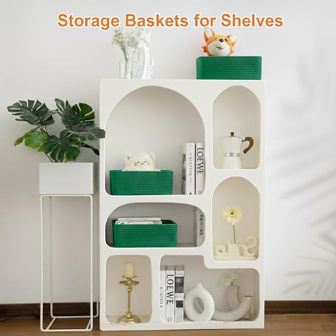 Small Storage Baskets for Organizing, Woven Storage Bins for Shelves, Gift Basket Empty, Cute Decorative Closet Organizer, Baby Rope Basket, Dog Toy Storage, 13.2x8.2x5.2”, 3Packs Green