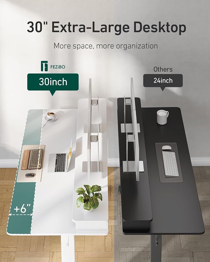 FEZIBO 48 x 24 inch Standing Desk with Drawers, Height Adjustable Electric Workstation, Computer Sit Stand Up Table with Large Storage Shelf 4 Drawers and 2 Hooks, White