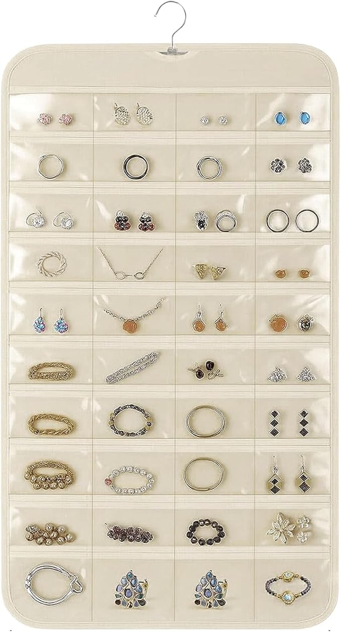 Hanging Jewelry Organizer, Beige, 80 Pocket | Double-Sided, For Earrings Necklace Bracelet, Clear PVC Window, For Closet, Door, Wall, Travel