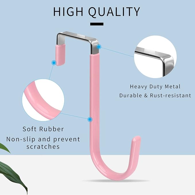 FYY Over the Door Hooks, Single-Hanger 4 Pack, Fits Doors 1 3/8" Pink | Heavy Duty Metal, Hold 20lbs, Rubber-Coated, No-Drilling, for Bathroom Dorm, Hanging Towels Clothes Hats Bags Coats Wreaths