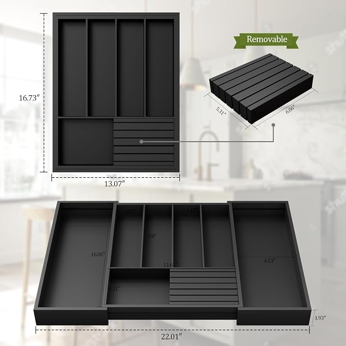 Bamboo Kitchen Silverware Drawer Organizer - Expandable Wood Utensil Holder with Dividers, Luxury Cutlery Storage Tray for Kitchen Utensil and Flatware (5-7 Slots with Removable Knife Block, Black)
