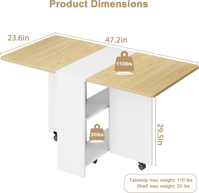 GAOMON Folding Dining Table, Drop Leaf Dining Table with 6 Wheels and 2-Layer Storage Shelf, Foldable Kitchen Table, Space Saving Table for Small Spaces, Areas, 47.2" Natural Wood
