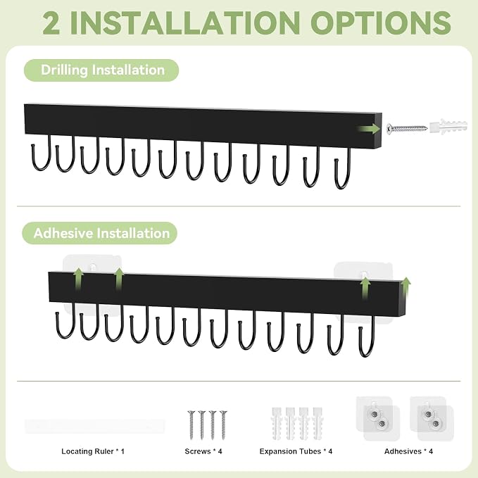 Belt Hanger Wall Mount, Adhesive Wooden Closet Belt Organizer with 24 Metal Hooks, Large Capacity, 2 Installation Options, Black, 2 Pcs
