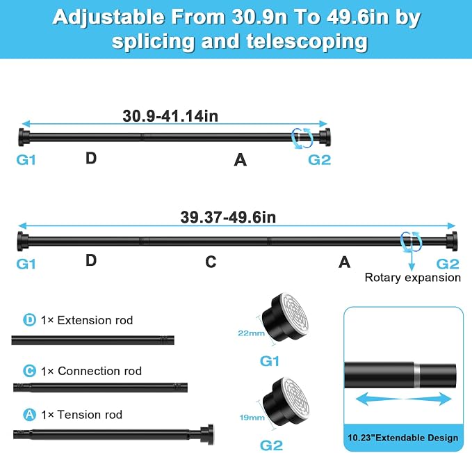 Tension Curtain Rod 30 To 49 Inch Black Tension Rods Adjustable Spring Loaded Curtain Rods 7/8" Curtains Rods No Drilling Tension Rods For Windows Bedroom Closet Doorway Door 2pcs