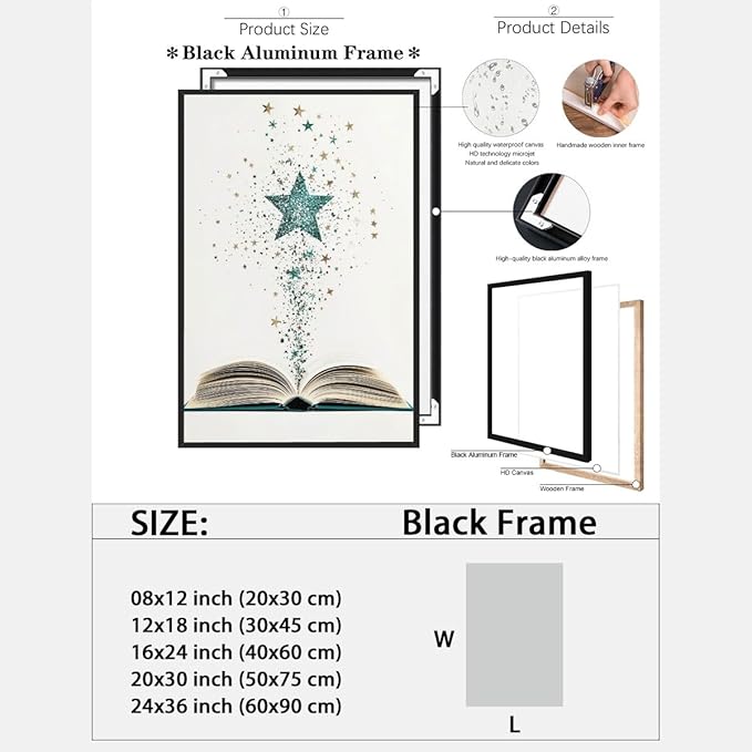 Magical Book Bookish Star Art Aesthetic Poster Canvas Wall Art Decoration Living Room Home Decor Bedroom Decoration Poster black framed12x18inch