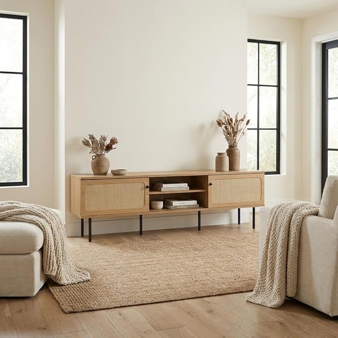 Furnifact White Wood TV Stand, Contemporary Living Room Media Console with Ample Storage Space, Sturdy Construction and Clean Modern Design