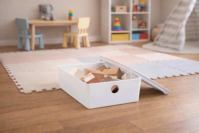 Bella White Modular Box Stackable Storage Bins with Lids Bathroom Organizer Kitchen Container Closet Shelf Organization 4 Pack (Small)