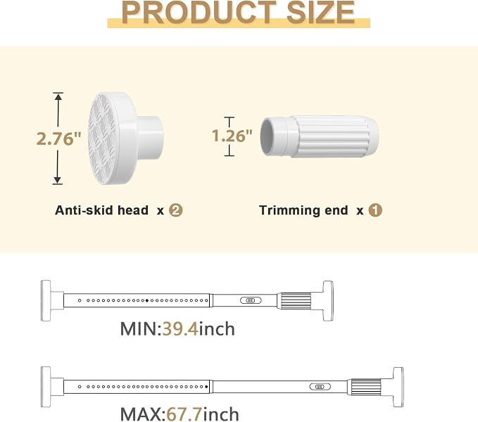 White Heavy Duty Tension Shower Curtain Rod 41-67 Inches for Bathroom, Window, Adjustable Spring Rod for Closet, Doorway, No Drilling,One-bond stretching
