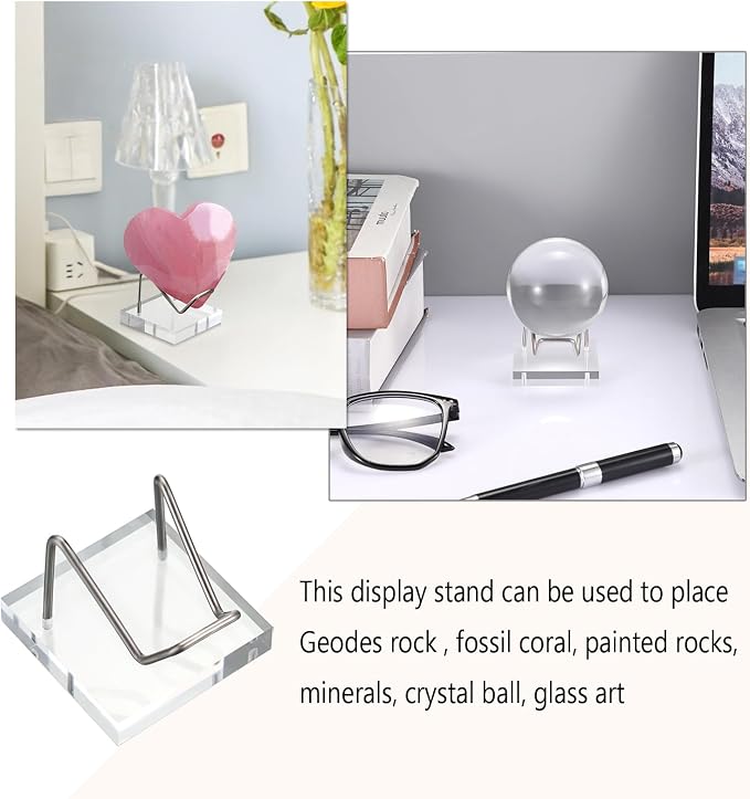 Hipiwe Metal Display Stand with Acrylic Square Base Business Card Holder Clear Acrylic Rock Display Easel for Fossil Coral Mineral Agate