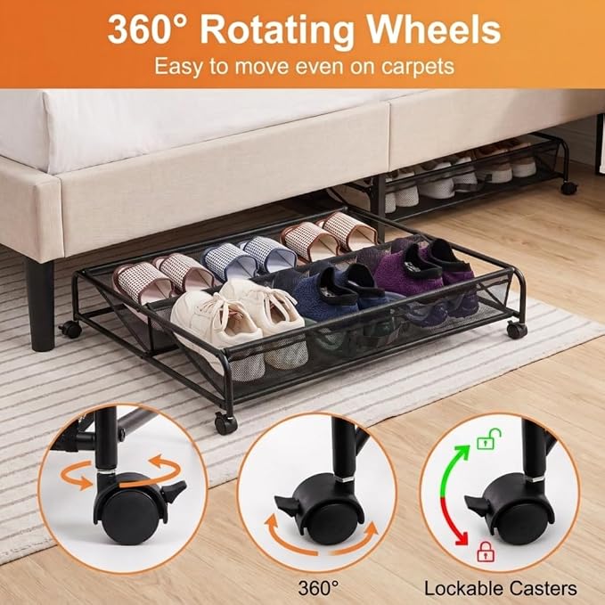 Goaste Under Bed Shoe Storage Organizer with Wheels, Rolling Underbed Storage Containers, Metal Shoe Rack Drawer Space Saving for Bedroom Organization, Shoes, Toys (Black)