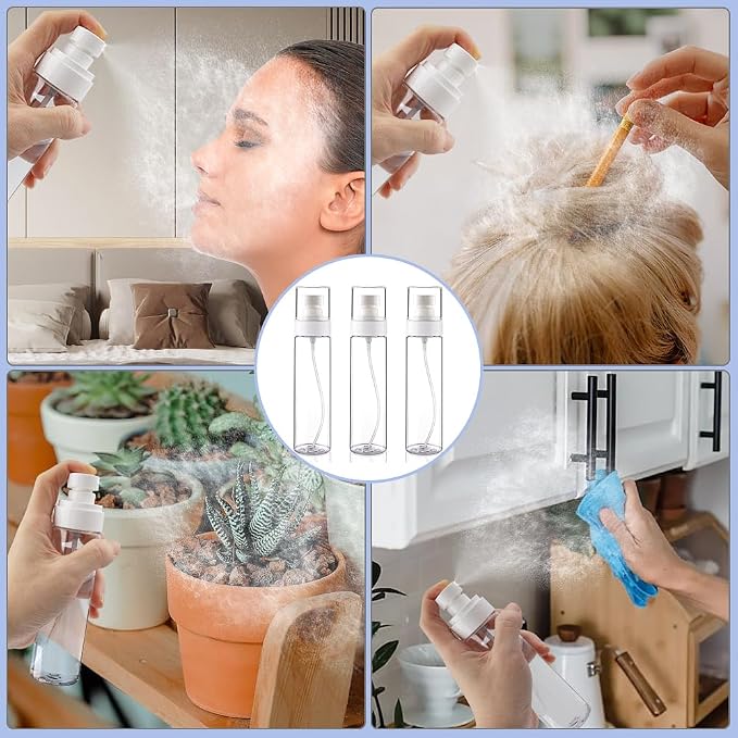 Cosywell Fine Mist Spray Bottles TSA Approved 3.4oz/100ml 3 Pack Leak Proof Travel Size Bottles Refillable Plastic Hair Spray Bottle for Perfume Skincare Toners Water Cosmetics (3Clear)