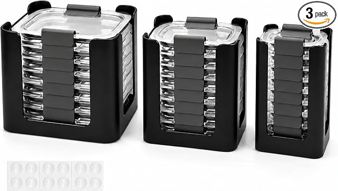 Food Container Lid Organizer for Rubbermaid Brilliance nap-on lids, 3-Pack Black, Kitchen Cabinet Drawer & Pantry Storage