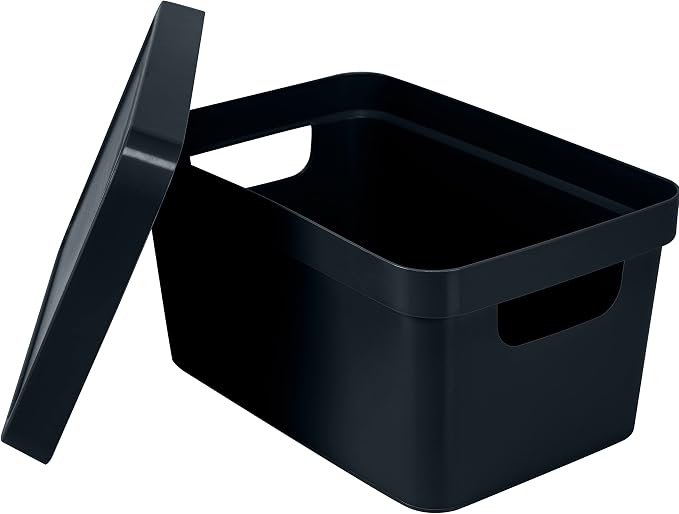 Simplify Small Vinto Storage Box | Click Tight Lid | Dimensions: 9.76" x 6.69" x 4.84" | Stackable | Home Organization | 2 Handles | Black (Pack of 2)