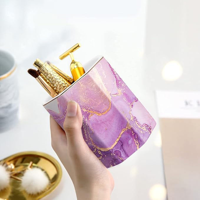 Large Capacity Colored Ceramic Marble Pencil Storage Marker Pen Holder Cute Stationery Holder For Office, Girl Women Adult, Purple Marble