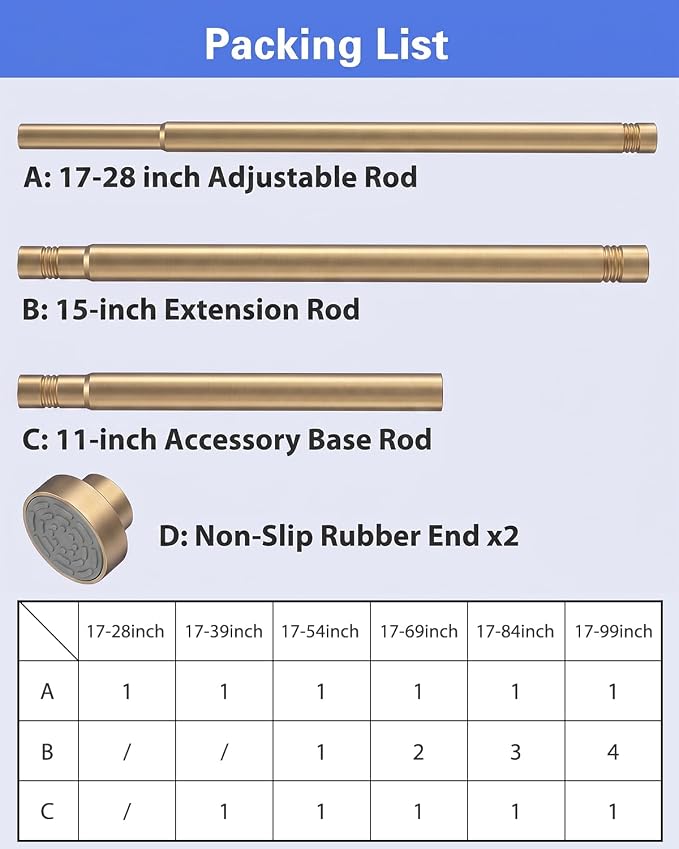 Closet Rod, No Drill Tension Closet Rod for Hanging Clothes, 17-84in, Gold | Quick Tool-Free Install, Non-Slip Rubber Ends Grip Securely, Heavy-Duty Rod Supports Up To 66 lb In Closet, Laundry Rooms, RV