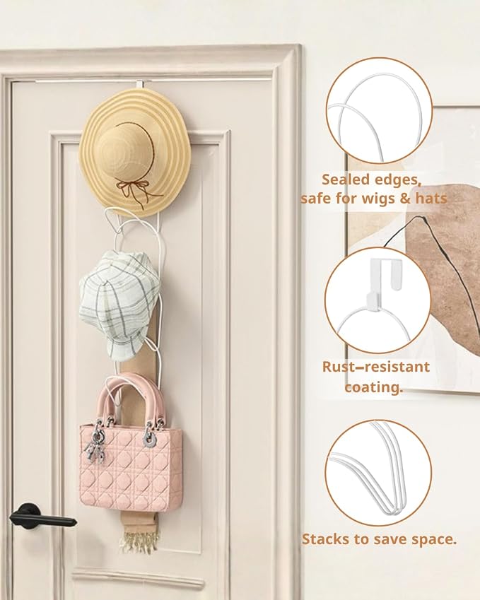LINFIDITE 10 Pack Hat Rack Hanger Holder Organizer Closet Hanging Baseball Cap Display Storage Rack for Scarves Handbags Towels Clothes Ties Over Door Wall Mounted w Hanging Hook White