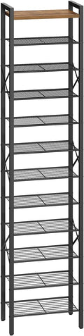YATINEY 12-Tier Narrow Shoe Rack, Tall Shoe Rack for 12-24 Pairs, Slim Shoe Storage Organizer with Wooden Top, Space Saving, Metal Frame, for Entryway, Rustic Brown and Black SS61BR